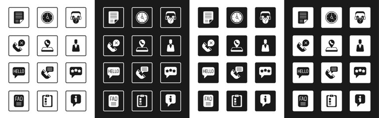 Set Headphones with question, Call center location, Declined or missed call, File document, Employee, Clock, Speech bubble chat and Hello different languages icon. Vector