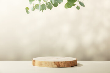 Wood slice podium with eucalyptus leaves on beige background for cosmetic product mockup