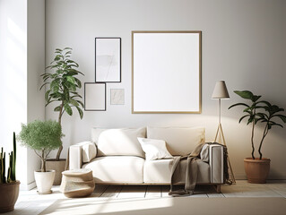 Interior living room wall mockup with sofa and light grey, brown and wood decor on white background.
