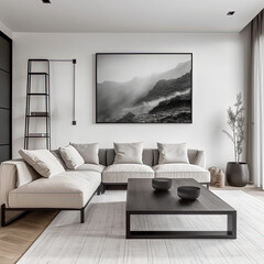 Interior living room wall mockup with sofa and light grey, brown and wood decor on white background.