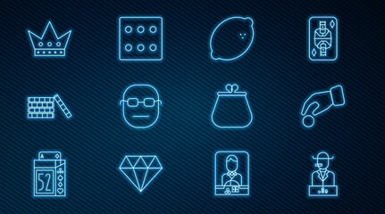 Set line Poker player, Hand holding casino chips, Casino slot machine with lemon, King playing card, Wallet and Game dice icon. Vector