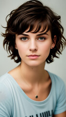 Fototapeta premium Young beautiful brunette girl with short dark curly or wavy brown hair with a confident gaze in a gray t-shirt, indoors close-up. Generative AI.