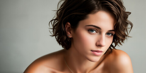Fototapeta premium Portrait of a beautiful nude brunette girl with short dark curly or wavy brown hair with a confident gaze, indoors close-up. Generative AI.