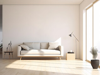 Interior living room wall mockup with light grey, brown and wood sofa and decor on white background.