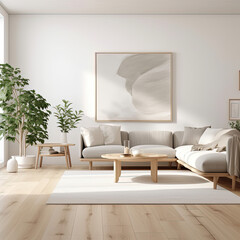 Interior living room wall mockup with light grey, brown and wood sofa and decor on white background.
