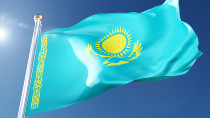 kazakhstan flag waving in the wind against a blue sky. kazakhstan national symbol on flagpole, 3d rendering