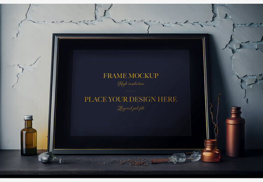 Stylish Black Picture Frame With Wine Bottles And Corkscrew On Brick Wall And White Tabletop - Perfect For Wine Lovers' Decor And More! Frame Mockup Template Generative AI