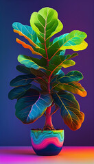 Ficus lyrata fiddle-leaf figin a pot on a colorful background. Vibrant plant in a burst of color constantly changing world. Ai generated.