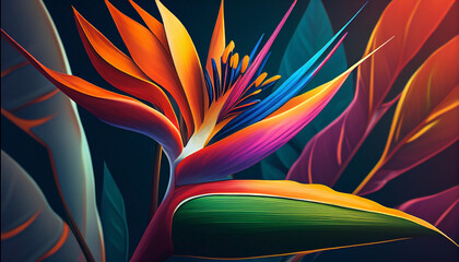 Bird of Paradise flower in a colorful background. Vibrant plant in a burst of color constantly changing world. Ai generated.