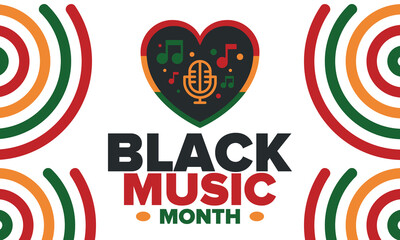 Black Music Month in June. African-American Music Appreciation Month. Celebrated annual in United States. Music concept. Poster, card, banner and background. Vector illustration