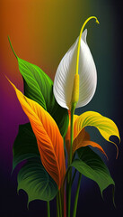 Peace lily in a pot on a colorful background. Vibrant plant in a burst of color constantly changing world. Ai generated.