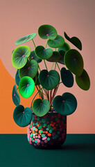 Pilea peperomioides, the Chinese money plant in a pot on a colorful background. Vibrant leaves in a burst of color constantly changing world. Ai generated.