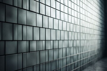 Sleek concrete tiles in a semi-glossy pattern create a 3D futuristic wall of square blocks. Rendered design. Generative AI