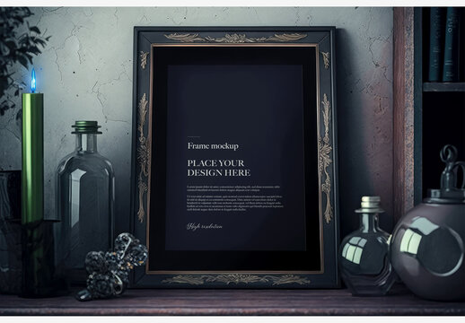 Stylish Picture Frame With Candle And Alcohol On Table, Set Against Candle Holders And Vases On Shelf - Perfect For Home Décor And Lifestyle Blogs Frame Mockup Template Generative AI