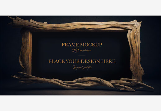 Stunning Wooden Frame With Dark And Black Backgrounds, Featuring Dynamic Dark Areas And Small Details For Powerful Visual Impact Frame Mockup Template Generative AI