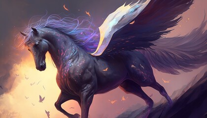 Pegasus majestic mythical Greek winged horse. digital art style, illustration painting. Generative AI.	