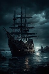 Ancient sailboat in the night, generative AI