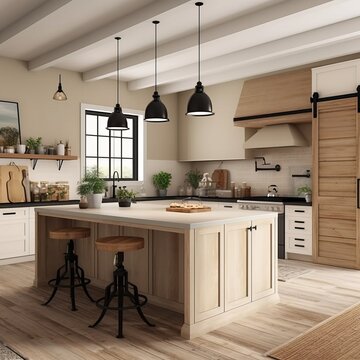 Beautiful rustic kitchen with lots of wood, generative ai