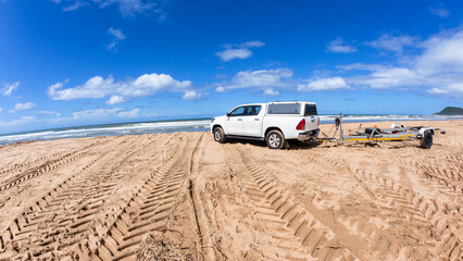 Beach Sand Dunes Vehicle Boat Trailer Gone Ocean Sea Fishing