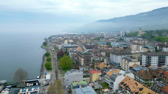 City of Vevey in Switzerland from above - aerial view by drone