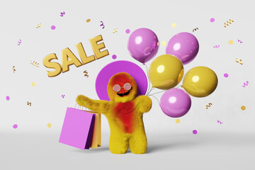 Cute Yeti balloons confetti shopping bag Sale 3d rendering. Fashion branding mockup shopper template. Online shop buying discount promo banner. Creative festive advertising design Holiday gifts coupon