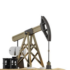3D rendering of oil rig extracting liquid oil from well in developed field front view. Environmental pollution problem. Realistic PNG illustration isolated on transparent background