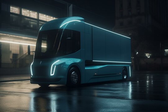 AI-generated electric self-driving truck outdoors. Generative AI