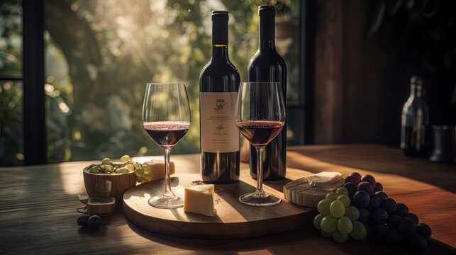 Wine, wineglasses on cheeseboard with grapes fresh bread, in the sunlight with garden background. artistic still life, generated by artificial intelligence
