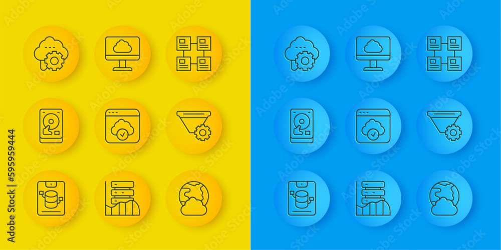 Poster set line server, data, web hosting, hard disk drive hdd, cloud technology data transfer, social netw