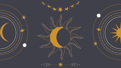 Moon, crescent, sun and stars. sacred geometry, celestial items for astrology. Background for a site on astrology. Celestial harmony 