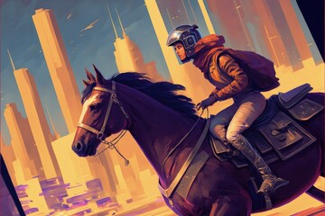 Sci-fi idea of riding horse in advanced metropolis Fantasy concept , Illustration painting. Generative AI