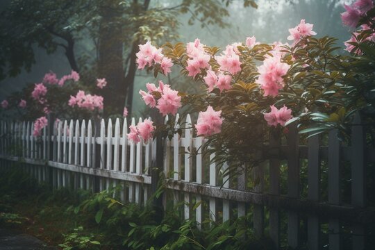 Pink flowers on white fence in rain, forest/trees. Keywords: painting, flowers, fence, rain, forest, trees, bushes, picket, white, pink. Generative AI