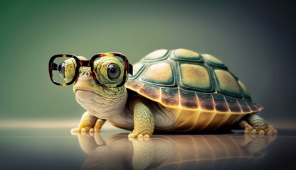 Cute little green turtle with glasses in front of studio background. Generative AI