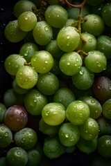 Top down view of fresh green grapes with waterdrops. AI Generative Art.