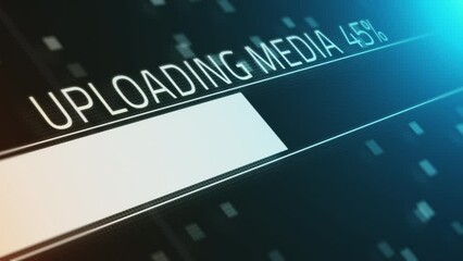 Modern monitor indicating uploading of media files.
Modern digital board showing information about data uploading with glowing percent and numbers in real time - Powered by Adobe