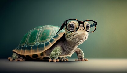 Cute little green turtle with glasses in front of studio background. Generative AI