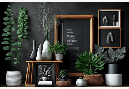 Stylish Black Wall Decor With Plants, Pictures, And Wooden Shelf - A Perfect Addition To Any Room's Aesthetic Frame Mockup Template Generative AI