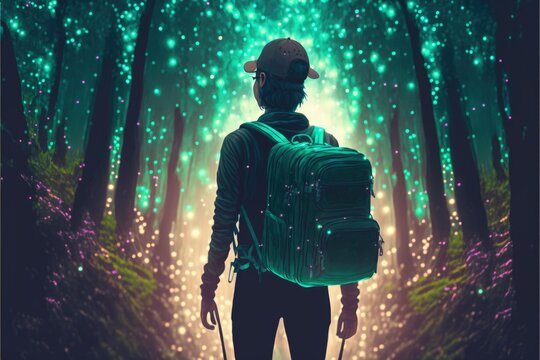 Backpacker standing atop colossal tree teeming with twinkling fireflies in bewitched forest. Fantasy concept , Illustration painting. Generative AI