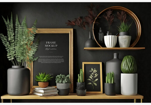 Black-Walled Room With Plants And Books On Shelf, Mirrors And Potted Plants On Wall - Stock Photo Frame Mockup Template Generative AI