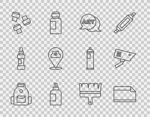 Set line School backpack, Paper adhesive sticker, Speech bubble with text art, Paint, gouache, jar, dye, Marker pen attachment, spray can, brush and Security camera icon. Vector