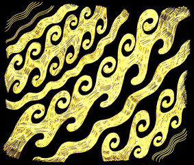 
Yellow ornament made with strokes on a black background. The ornament consists of waves and curls.
