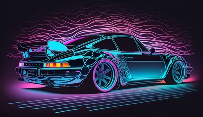 Cyberpunk Futuristic retro wave synth wave car; Retro sports car with neon backlight contours. Generative ai