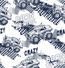 Off road trails seamless pattern. Monster car repeat print for sport textile, boy clothes, wrapping paper. Lettering grunge repeat wallpaper. Textured cars background with big tires, chequered board