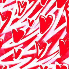 Abstract seamless hearts pattern on grunge brush background. Shabby heart print. Love repeat print for fashion textile, girl clothes, Valentine's day wrapping paper. Romance endless ornament.