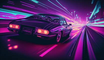 Obraz na płótnie Canvas Cyberpunk Futuristic retro wave synth wave car; Retro sports car with neon backlight contours. Generative ai