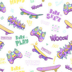 Activity teenagers seamless pattern with skateboard, gamepad, graffiti text Freestyle, happy. Cartoon style gaming repeat print for sport textile, clothes, wrapping paper. Gamer ornament. Comics style © Kseniia Koval