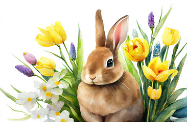 Watercolor painting of rabbit as illustration of wild bunny hiding in yellow tulip flowers generative AI art	
