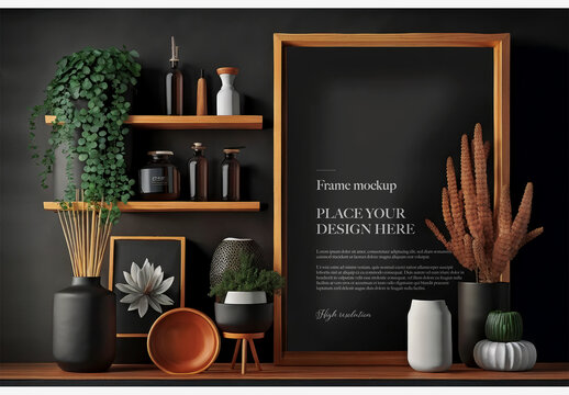 Stunning Home Decor: A Chic Black Wall With Mirrors And Lush Plants On Wooden Shelves - Perfect For Interior Design, Photography And More! Frame Mockup Template Generative AI