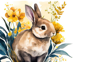 Watercolor painting of rabbit as illustration of little wild bunny sitting in yellow flowers generative AI art	

