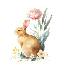Watercolor vignette of rabbit as illustration of bunny with peony flower generative AI art